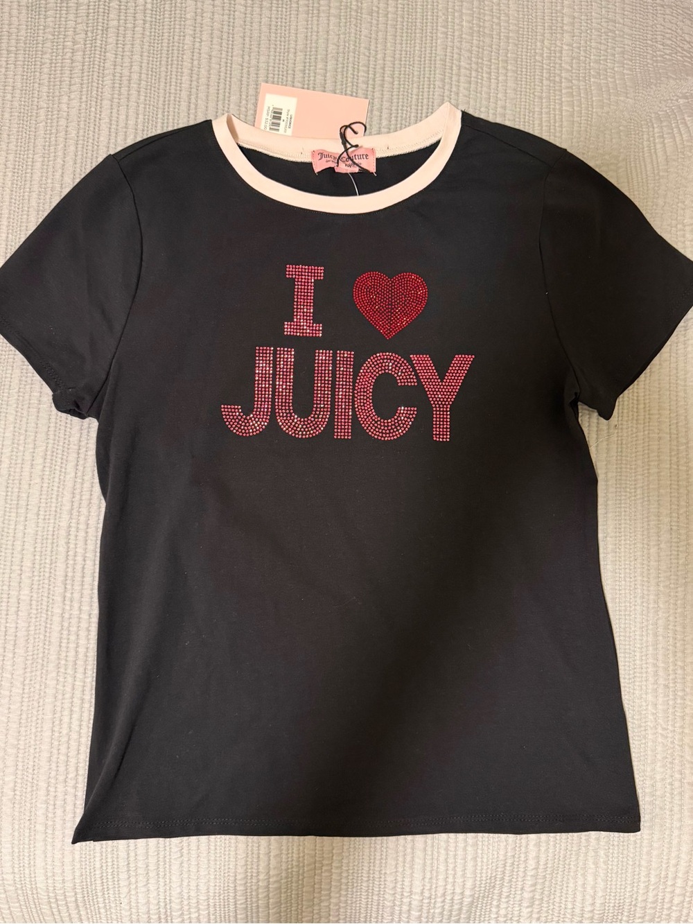 Juicy Couture Black Tee with Pink Trim and Red Rhinestone 'I ♥ JUICY'